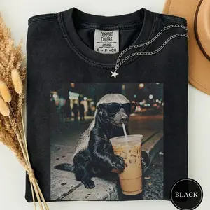 Comfort Colors Funny Honey Badger Drinking Iced Coffee Shirt, Animal Meme Tee, Honey Badger Gift, Funny Animal Shirt, Coffee Lover Tee, Cute Tee 2M