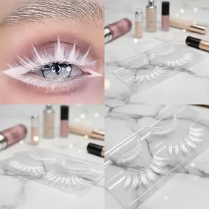 White Manga False Eyelashes Set – 2 Pairs Top and Bottom Anime Lashes, Reusable Snow-White Lashes for Cosplay, Halloween Makeup, Masquerade or Fantasy Costume Party Look witchy lashes