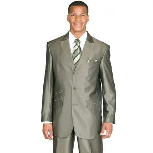 Mens 3 Button Peak Lapel Shiny Sharkskin Micro Pinstripe Suit in Olive Green