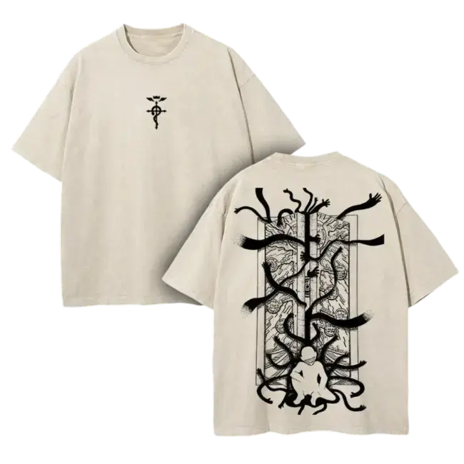Men's Heavy Cotton T-Shirt, Oversized Vintage Washed Fullmetal Alchemist Graphic, Casual Retro Grunge Streetwear Style, Oversized Fit, Alternative Style, Round Neck, Heavy Fabric, Everyday Basics