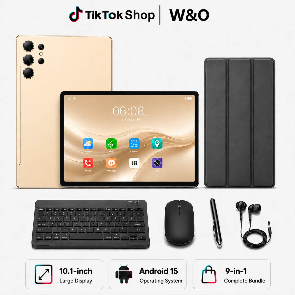 W&O X9 Android 15 Tablet, 10.1 Inch IPS Display, 8GB RAM 256GB ROM, 8000mAh Battery, Dual-Band WiFi, SIM + microSD Support, 9-in-1 Tablet Bundle with Keyboard, Mouse, Stylus & Case Camera Christmas Screen Streaming Bluetooth Birthday Birthday
