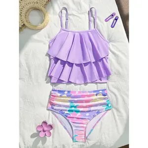 Tomattis Tween Girl Layered Camisole Top And Floral Print Ruffled Triangle Tankini Swimsuit Set Bathing Suits For Girls, Summer Vacation Set