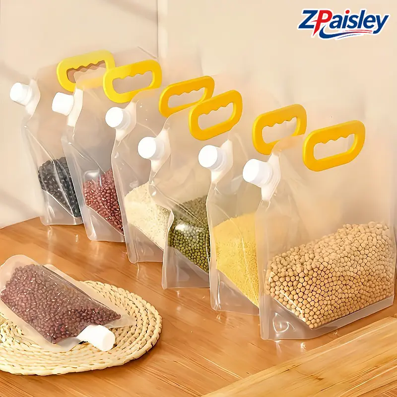 5Pcs Stand Up Grain Storage Bags with Spout & Ergonomic Handle, Reusable Clear Airtight Food Storage Pouches with Screw Cap, Food Grade Leak Proof Sealed Bags for Rice Beans Cereal Flour, Kitchen Pantry Bulk Dry Food Organizer