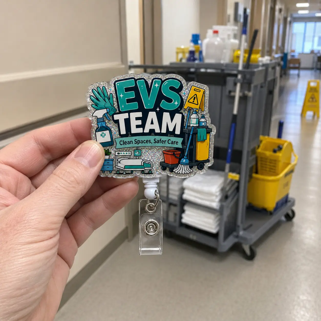 Badge Reel for Environmental Services Staff EVS, Holographic Glitter Acrylic Retractable ID Badge Holder, Hospital Housekeeping Appreciation Gift