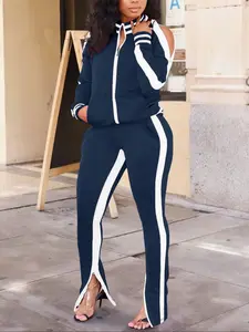 Slim-Fit Colorblock Sports Set, Classic Colors & Stripes Design, Breathable Cotton Fabric, Trendy Fashion, Athleisure Wear Set