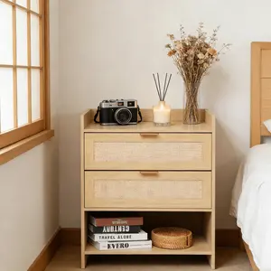 SURUIHK Rectangular Double-Drawer Storage End Table Anti-Tips Quick Set-Up Quiet Glide Champagne Wood Nightstand Premium Multifunctional Home Organizer for Bedroom Living Room