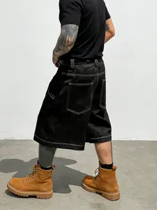 Men/women Loose Fit Wide Leg Denim Jean Bermuda Shorts, Street Style Hip-Hop Embroidered Floral Pants, Zipper Fly Pockets Design