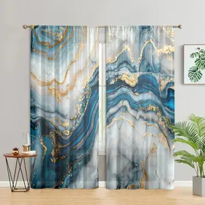 2 pieces, Home textile, modern abstract blue gold wave printed curtains, marble texture pattern, pole pocket style, semi sunshade, suitable for home living room, bedroom, balcony, kitchen decoration, anti privacy, easy to clean