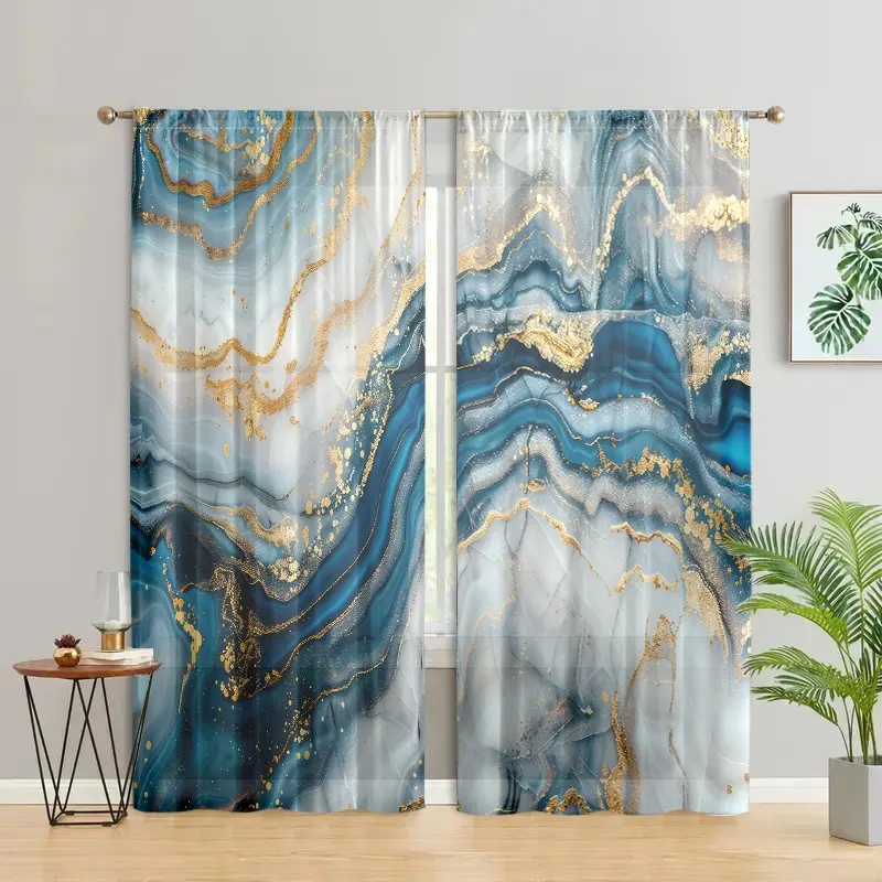 2 pieces, Home textile, modern abstract blue gold wave printed curtains, marble texture pattern, pole pocket style, semi sunshade, suitable for home living room, bedroom, balcony, kitchen decoration, anti privacy, easy to clean, Art Style Curtains
