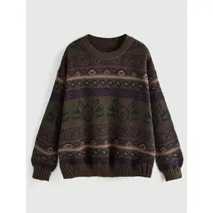 Women's Geometric Pattern Drop Shoulder Sweater, Knitwear Oversized, Fairycore, Long Sleeve Round Neck Sweater Casual Comfort Fit Womenswear��gift�� Spring EssentialGift