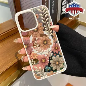 Elegant Beautiful Flowers Pattern Magnetic Phone Case Supports Wireless Charging for iPhone  17 15 16 14 Pro Max 13 12 11 XR XS Air Plus E Shockproof Non Slip Protection Silicone Transparent Acrylic Cover Cellphone Protective