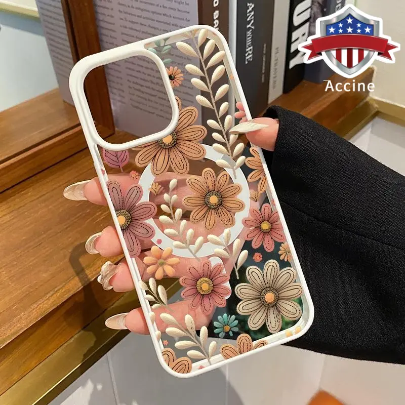 Elegant Beautiful Flowers Pattern Magnetic Phone Case for iPhone  17 15 16 14 Pro Max 13 12 11 XR XS Air Plus E Shockproof Non Slip Protection Silicone Transparent Acrylic Cover Cellphone Protective Smartphone Casing Supports Wireless Charging, Accessorie