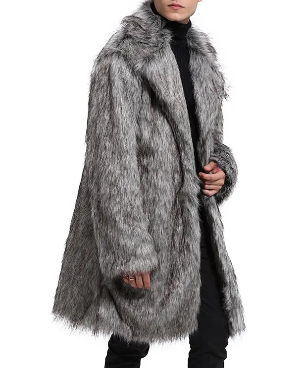 2025 Autumn Winter Fur Coat Men's Mid-Length Faux Fur Warm Fur Coat Beige Gray Bottom Black Tip Menswear Long Sleeve Plain Jackets