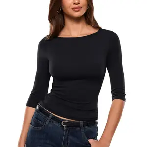 INLYRIC Women's Airsoft 3/4 Length Sleeve Tops Single Layer Crew Neck T Shirts Basic Tees Slim Fitted Going Out Tops