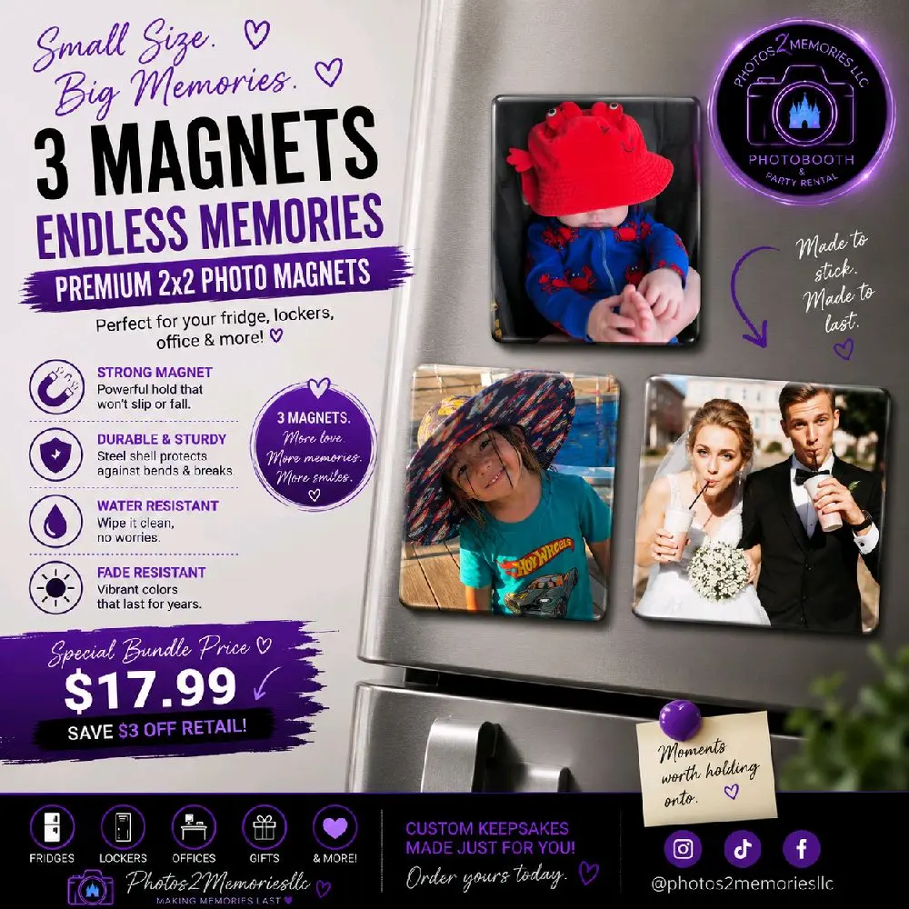 3 Custom 2x2 Fridge Photo Magnet