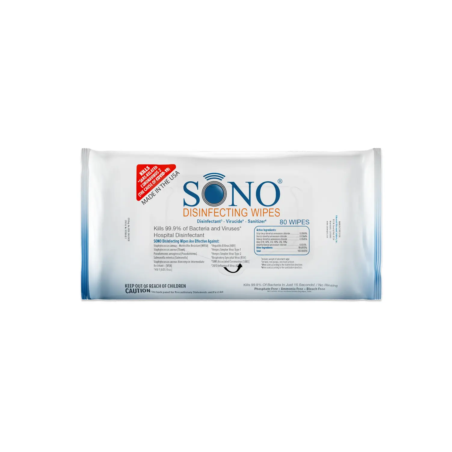 Medical Grade Disinfecting Cleaner Deodorizer Wipes | EPA Registered Equipment Safe 80ct Soft Pack | SONO