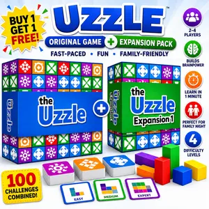 The Uzzle Original Board Game + Expansion Pack | Fast-Paced Family Puzzle Game | Ages 4+ | 100 Challenges | 4 Difficulty Levels | Pattern Matching Block Game