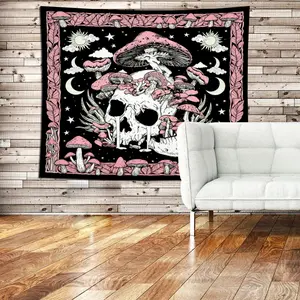 Gothic Skull Tapestry, Mushroom Skeleton Wall Hanging, Star Moon Sun Decor, Tarot Mystery Blanket, Bedroom Living Room Decoration