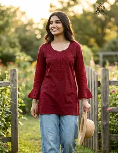 Stylish Short Kurti with Fancy Sleeves & Chikan Embroidery