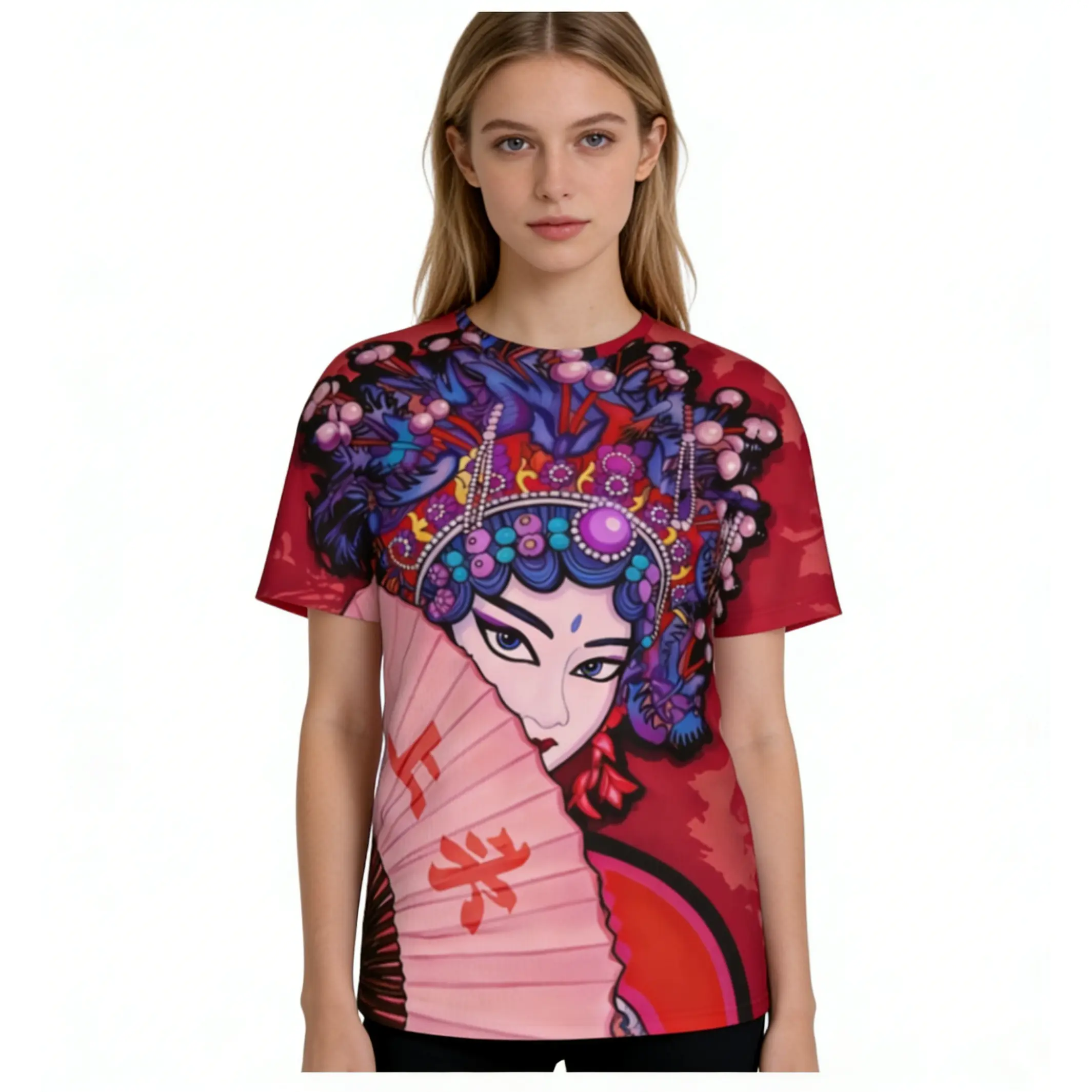 Women's Chinese Opera Mask Print Round Neck Short-Sleeve T-Shirt, Traditional Peking Opera Graphic Oriental Red All-Over Print Cultural Streetwear Top, Women's Clothes