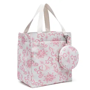 Vintage Pink Floral Lunch Tote Bag with Handles & Detachable Mini Pouch Lightweight Reusable Canvas Zipper Closure for Work School Picnic Gifts Shopping Bag Inner Pocket Organizer for Women Aesthetic Daily Carry