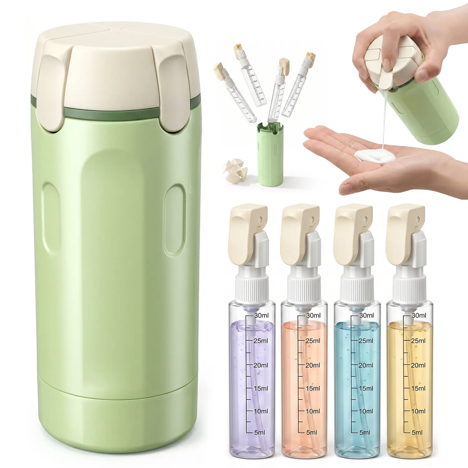 4-in-1 Plastic Rectangle Mini Cosmetic Storage Dispenser Bottle - Leak-Proof Refillable Silicone Squeeze Container with Lock, Compact Lightweight Toiletry Organizer for Travel Stuff, Business Trips, BPA Free Leak Proof Refillable Liquid