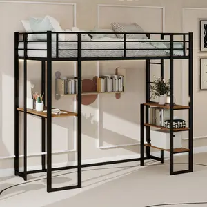 Metal Loft Bed Frame Twin Size with Desk and Storage Shelves for Bedroom, Twin Loft Bed with Built in Ladder and Safety Guard Rail, No Box Spring Needed, Black