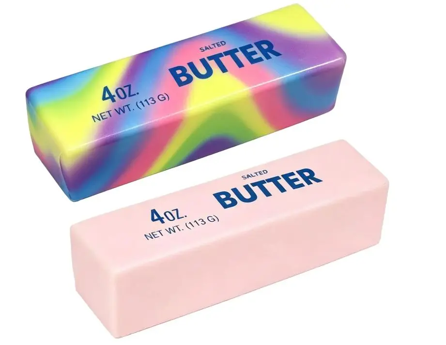 2 PCS Butter Squishy, Slow Rising Squishy Butter Stick, Realistic Butter Shaped Squeeze Toy Slow Rising Squishies for Stress Relief Fidget Toys (Pink + Yellow)