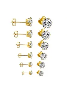6 Pairs Surgical Steel Stud Earrings Set, Silver & 14K Gold Plated Hypoallergenic Earring Studs for Women, Stainless Steel Cubic Zirconia, Waterproof & Tarnish-Resistant
