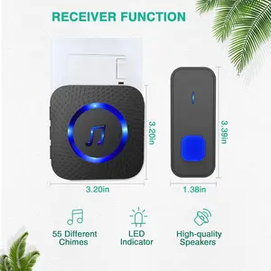 LIKEPAI Wireless Doorbell with 1 Receiver 2 Buttons IP55 Waterproof 1300 FT Range 55 Chimes 5 Volume LED Flashing 110 dB Volume for Home Classroom Christmas
