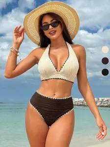 New Halter Bikini Two-Piece Swimsuit for Women, Sexy V-Neck Colorblock Design Beach Vacation Swimwear, Fashionable Outdoor Wear, Bikini Sets, Bikini Outfits