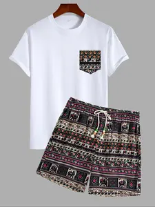 Men's Short Sleeve Tee & Ethnic Pattern Shorts Two-Piece Set, Regular Fit Shortsleeve Round Neck T-Shirt & Drawstring Waist Shorts, Casual Summer Clothes for Beach Vacation, Clothing, Casual Suit Set