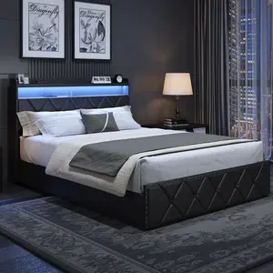 Full-Size Upholstered Bed Frame with 2 Drawers and Square Stitch Button, Bed Frame with Charging Station and LED Lights, Upholstered Headboard with 2-Tier Storage Shelves, Black queen  bed  frames