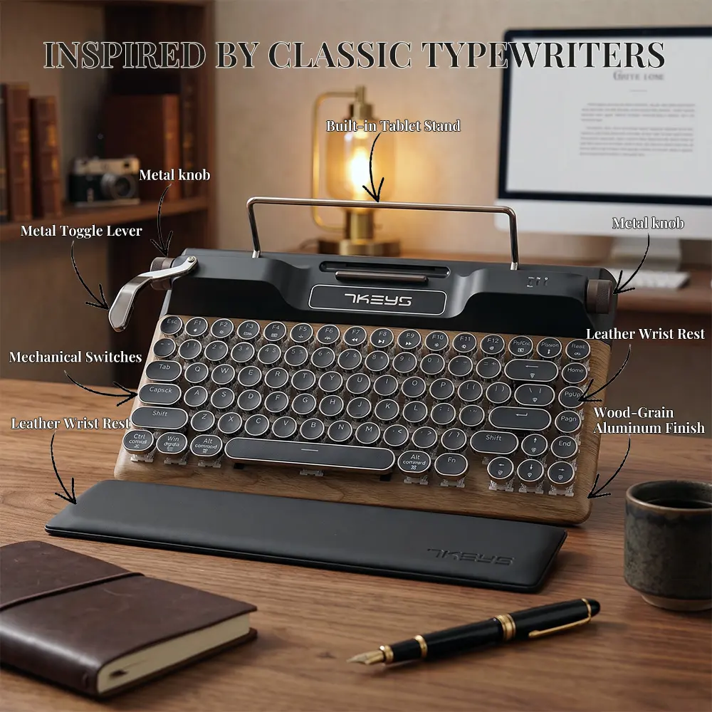 7KEYS Retro Typewriter Keyboard , Vintage Mechanical Bluetooth 5.0, Wooden Punk Round Keys, Ergonomic Leather Wrist Rest, RGB Light Control, Compatible with PC Laptop Mac iPad tiktokshopbacktoschool