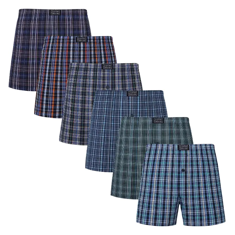 JupiterSecret 6-Pack Men's Classic Plaid Woven Boxer Shorts, 100% Cotton Underwear with Button Fly, Soft Breathable Fabric and Relaxed Fit