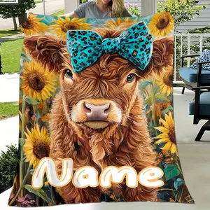 Custom Name Flannel Throw Blanket with Cow & Sunflower Design - Personalized Soft Warm Knitted Polyester Throw for Napping, Camping, Travel - Digital Print Animal Theme Glam Style, All-Season Use