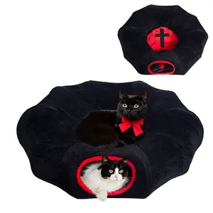 Gothic Cat Bed, Coffin Cat Tunnel House with Washable Cushion, Fits Indoor Cats up to 25 lbs, Cute Peekaboo Cave Pet Bed for Kittens, Rabbits, Halloween Goth Design, Black Red