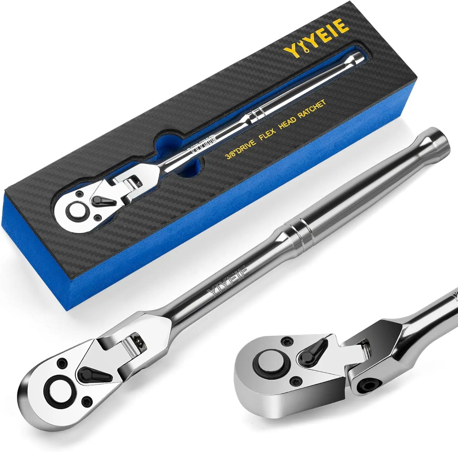 YIYEIE1/2" 3/8" 1/4" Drive Flex Head Ratchet, 72 Tooth Swivel Head Ratchet, Quick-Release, CR-V Steel, Flexible Ratchet Wrench with EVA Foam ratchet