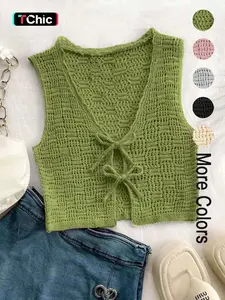 Women's Bow Tie Waist Knit Vest, Casual Fitted Short Outer Vest, Plain Design, Full Placket, Stylish Fashion Top