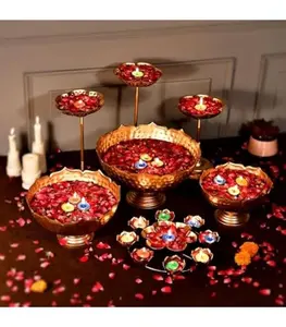 Taj Iron Urli Bowl Set: Floating Diya Candle Stands with Rangoli, Diwali Decor (10 PCS)