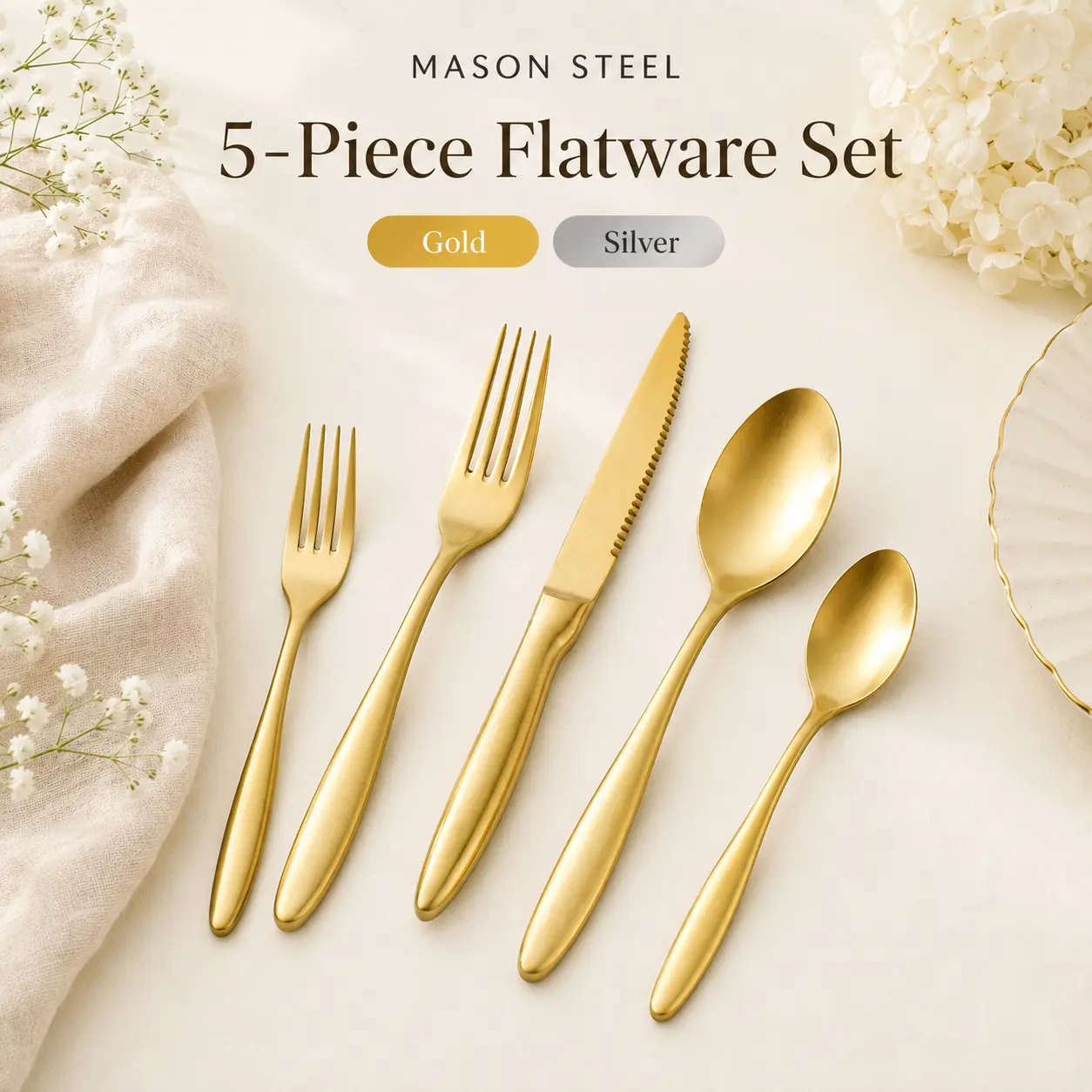 5-Piece Stainless Steel Flatware  for 1, Modern Cutlery  with Serrated Knife, Dinner Fork, Spoon, Salad Fork and Teaspoon utensil tea Cookies Plate Milk Set disposable ceramic plastic long handle spoon dessert dish unbreakable dishwasher safe sauce