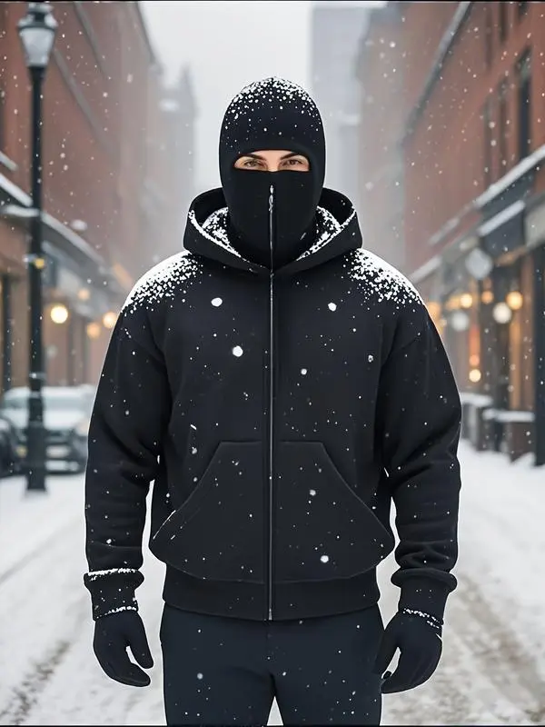 Men's Balaclava Hooded Sweatshirt, Full Zip Casual Streetwear Long Sleeve Tops with Double Hood and Drop Shoulder for Winter