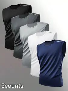 Men's Casual Sleeveless Round-Neck Shirts Set of 5, Breathable Quick-Dry Workout Tops, Sweat-Wicking T-Shirts for Gym Workouts, Breathable Vest, Fitness Workout Vest, Sweat Vest Tank