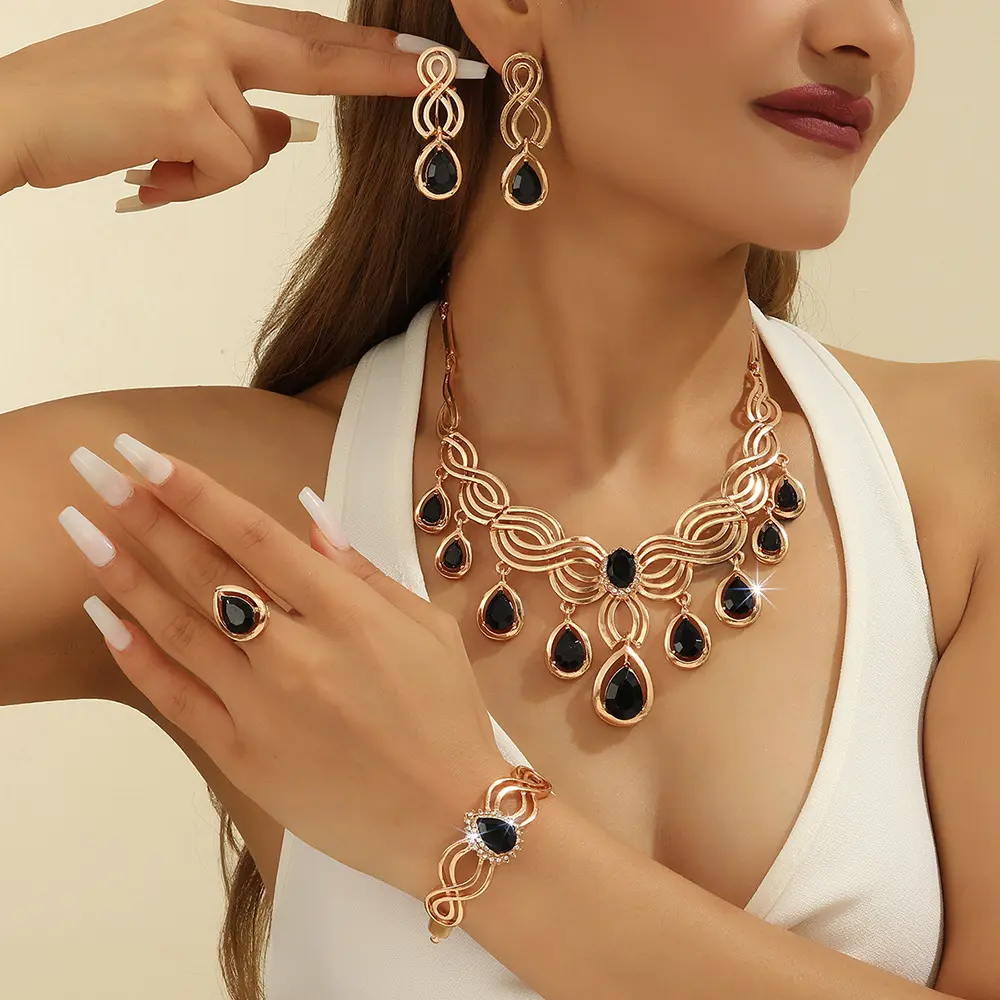 4-Piece Rose Gold Black Teardrop Crystal Jewelry Set - Necklace, Earrings, Bracelet & Ring for Evening Events fashion choker dainty woman