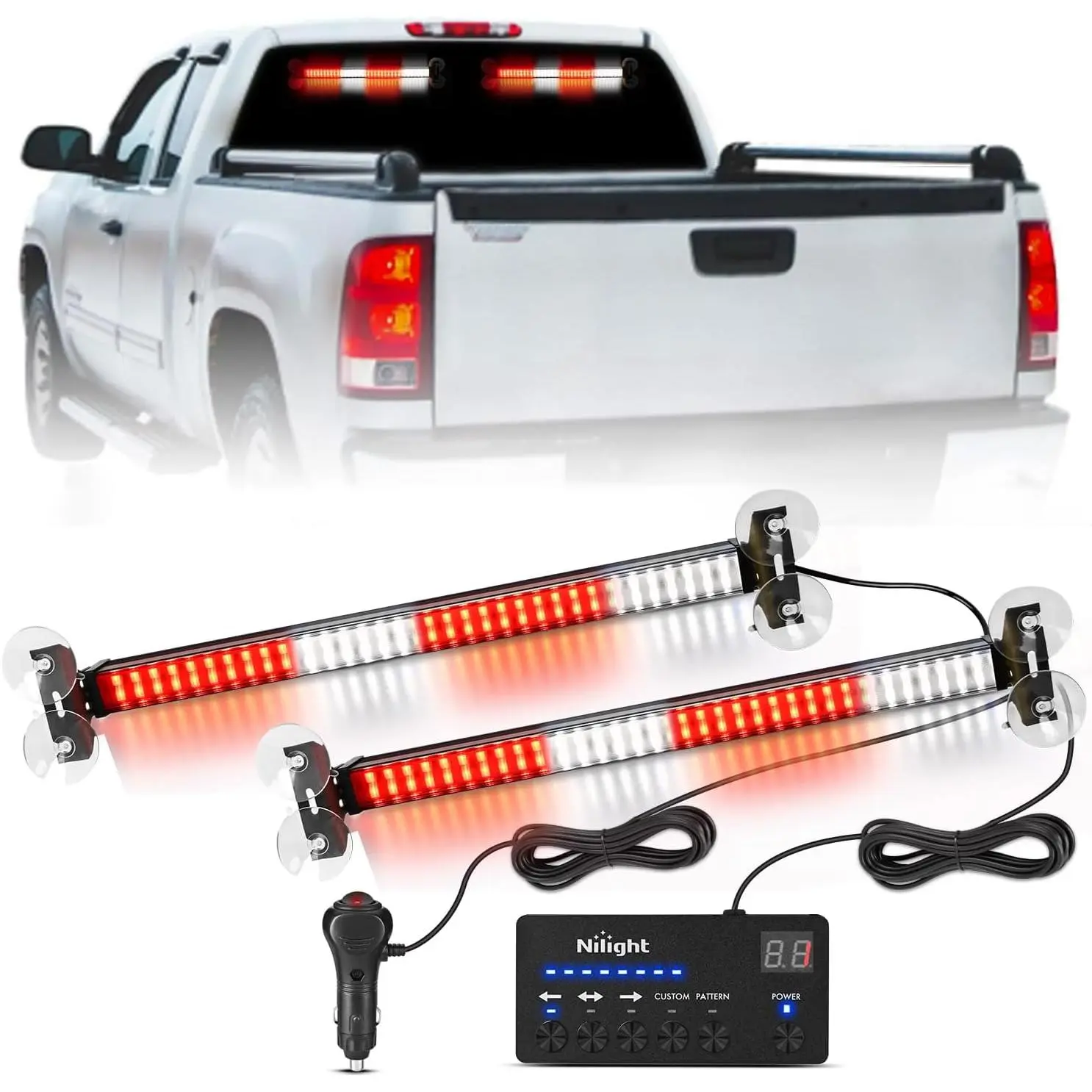 Nilight Aluminum 144 LED Strobe Traffic Advisor Light Bar - Red White, 2-in-1 12V Automotive Working Flashing Windshield Light with Controller, Suction, Heat-Sink, 36 Modes, Steady On, 16.4ft Tool-Free Aftermarket Truck Accessories
