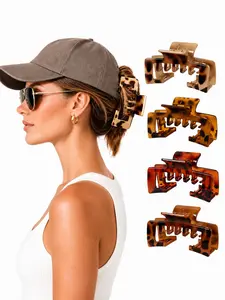 4Pcs Tortoise Shell Rectangle Hair Claw Clips for Women, Large Lightweight Acrylic Jaw Clips for Baseball Cap Hairstyles