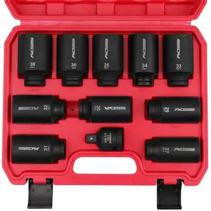 1/2 Drive Deep Impact Socket Set: 11-Piece Metric Size Wheel Axle Nut Wrench Metric Large Jumbo 27mm 29mm 30mm 31mm 32mm 33mm 34mm 35mm 36mm 38mm Spindle Joint High Torque Truck Bearing Locknut multifunctional automotive tools toolbox  sets