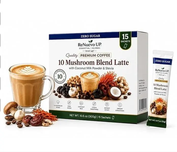 ReNuevo UP 10 Mushroom Coffee Latte Mix Packets, Premium Instant Creamy Coffee with Reishi, Lion's Mane, Cordyceps, Chaga & More, Sugar Free, Coconut Milk Powder, Stevia Sweetener, 15 Sachets for Work  Creamy Beverage