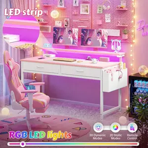 39.4 Inch Pink Computer Desk, Modern Home Office Desk with LED Strip Lights, Ergonomic Monitor Stand, 2 Fabric Drawers & Side Storage Pocket, Multifunctional Study Workstation for Women Bedroom