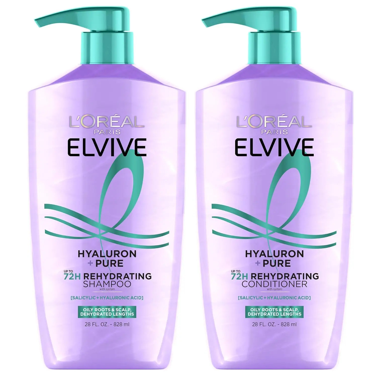 L'Oreal Paris Elvive Hyaluron + Pure Shampoo and Conditioner Set, Clarifying Shampoo and Rehydrating Conditioner with Salicylic Acid and Hyaluronic Acid, 56 Fl Oz Set